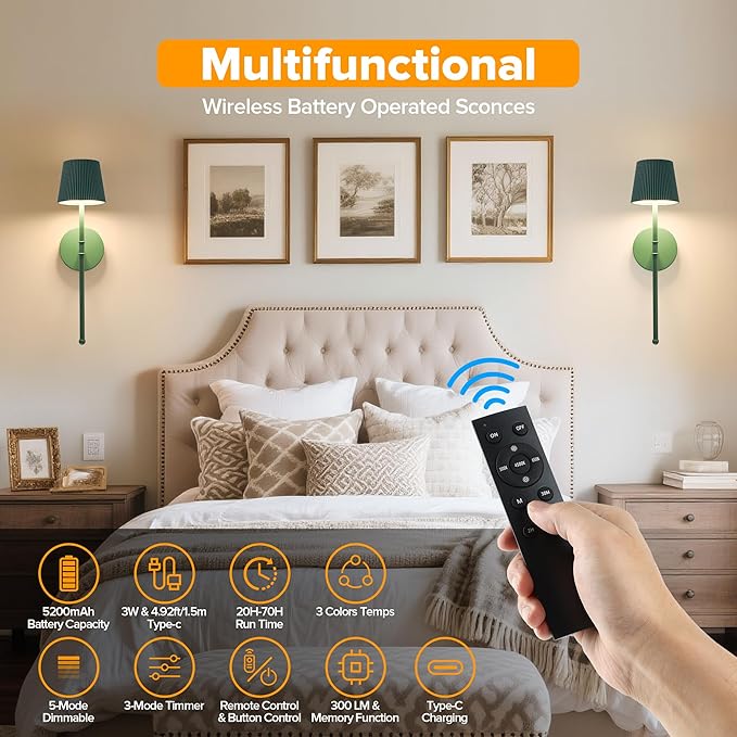 LUTEC Cordless Wall Sconces Set of 2, 5200mAh Wireless Rechargeable Battery Operated LED Wall Lamps, 3 Color Stepless Dimming Portables Lightings for Wall Painting/Living Room/Bedroom/Hallway Decor