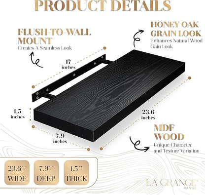 LA GRANGE RANGE® 23.6" Floating Shelves for Wall, 2X Pack, Wall Shelves for Storage & Décor, Perfect for Bathroom, Bedroom, Kitchen, Living Room, Natural Wood Finish with Hidden Bracket (Raven Black)