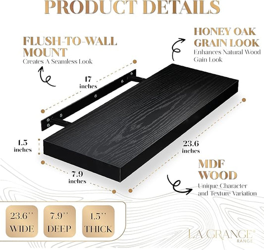 LA GRANGE RANGE® 23.6" Floating Shelves for Wall, 2X Pack, Wall Shelves for Storage & Décor, Perfect for Bathroom, Bedroom, Kitchen, Living Room, Natural Wood Finish with Hidden Bracket (Raven Black)