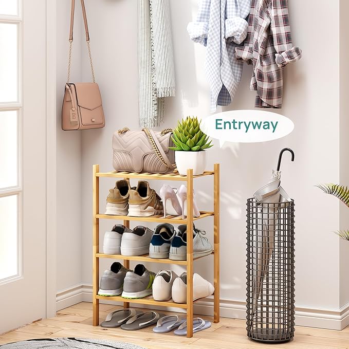 Small Shoe Rack, 4-Tier Rack for Entryway, Bamboo Wood Shoe Shelf for Closet & Hallway, Long 17 in | Beautiful | Functional | Sturdy | Durable
