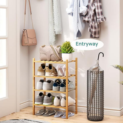 Small Shoe Rack, 4-Tier Rack for Entryway, Bamboo Wood Shoe Shelf for Closet & Hallway, Long 17 in | Beautiful | Functional | Sturdy | Durable