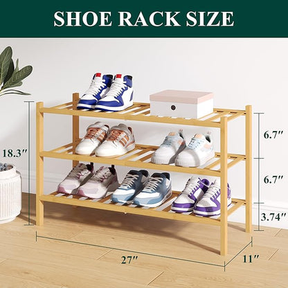 Smiry Bamboo Shoe Rack for Closet, 3 Tier Wooden Stackable Shoe Organizer, Free Standing Shoes Storage Shelf for Entryway, Front Door Entrance, Natural