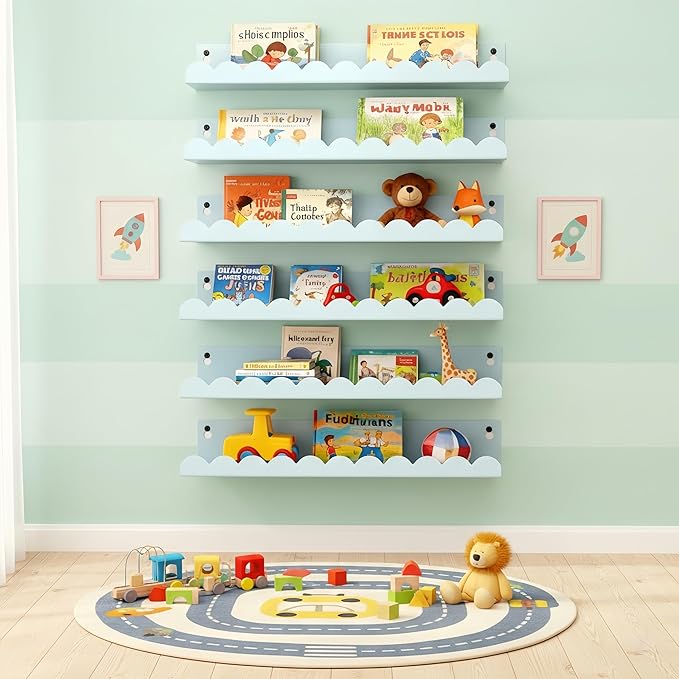 Nursery Book Shelves Set of 6, Blue Metal Floating Shelves for Wall, 16 Inch Scalloped Book Shelf for Kids Room, Bathroom, Bedroom, Playroom Wall Decor & Storage
