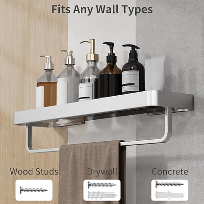 Danpoo 20 Inch Long Floating Bathroom Shelf with Towel Bar, Clear Tempered Glass Wall Shelf for Bathroom Storage Organizer, Matte Silver