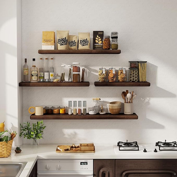 Axeman 24Inch Natural Wood Floating Shelves for Wall|Rustic Wooden Shelves for Bedroom Kitchen Bathroom|Storage Shelf with Invisible Bracket for Wall Mounted|Set of 2|Walnut Color
