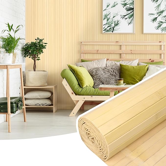 Bamboo Wall Panel for Interior Wall Decor, Renewable Pole Wrap Wainscoting Roll Bamboo Covering Paneling for Ceiling Office Bedroom Living Room (48" H x 96" L, Raw)