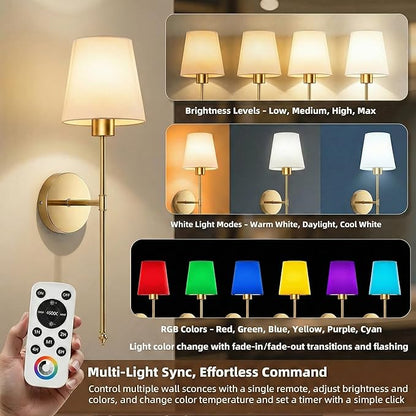Wall Sconces Battery Operated Set of 2, Rechargeable Wall Sconce, 10 Colors Wireless Wall Sconces Set of Two, 5200mAh Dimmable Bulbs and Remote, for Bedroom Living Room, Hallway Decor (Gold - 24 inch)