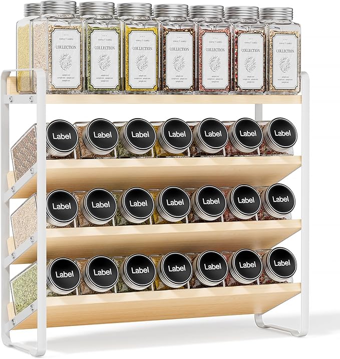 MUDEELA 4 Tier Spice Rack Organizer for Cabinet,Wooden Vertical Spice Shelf, Seasoning Organizer for Countertop, Kitchen, Pantry, Freestanding, 13.4