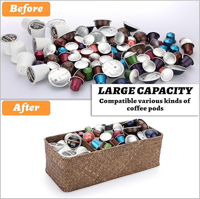 ELLDOO Coffee Pod Holder, Large Capacity Coffee Pod Organizer for K Cup Nespresso Pods, Hand-Woven Seagrass Storage Basket, 3-Section Wicker Baskets for Shelves Closets, Coffee