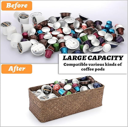 ELLDOO Coffee Pod Holder, Large Capacity Coffee Pod Organizer for K Cup Nespresso Pods, Hand-Woven Seagrass Storage Basket, 3-Section Wicker Baskets for Shelves Closets, Coffee
