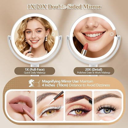 Makeup Mirror with Lights, Double Sided 1x/20x Magnifying Mirror with Light, Rechargeable 3 Color Lights and Adjustable Brightness, 360° Rotation Detachable Comes with Tweezer(White)