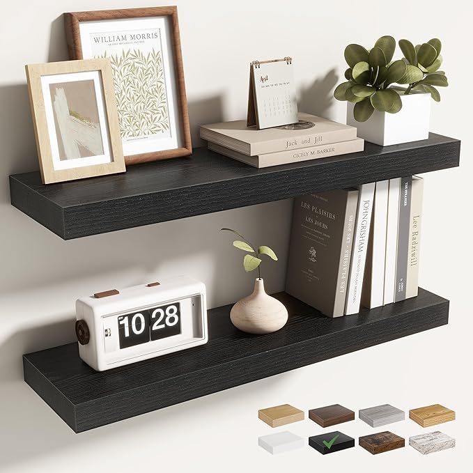 24 Inch Floating Shelves for Wall 2 Pack, 24" Wall Shelves for Books, Storage, Decor, Wall Mounted Floating Shelf with Invisible Brackets for Kitchen, Living Room, Black