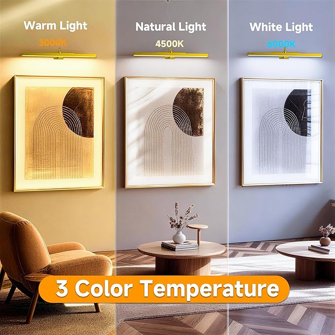 Gallery Picture Light, 6000mAh Gold Rechargeable Cordless Art Wall Sconce,Wireless Battery Remote Dimmable with Time Setting Lighting for Portrait Museum(24 in, 2 Pack)