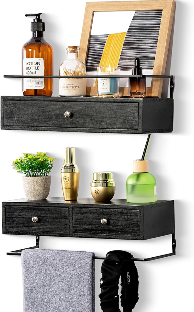 Floating Shelves - Wall Mounted Bathroom Shelf Set of 2 with Drawers, Rustic Wood Shelves for Bedroom, Living Room, Kitchen, Home Decor, Plants, Books (Black)