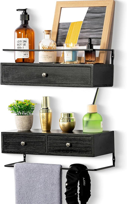 Floating Shelves - Wall Mounted Bathroom Shelf Set of 2 with Drawers, Rustic Wood Shelves for Bedroom, Living Room, Kitchen, Home Decor, Plants, Books (Black)