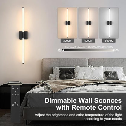 32 Inch Battery Operated Wall Sconces Set of 2, Black Dimmable Rechargeable Wall Sconces with Remote, 3 Color 360° Lighting Sconce, Modern LED Wireless Wall Light for Bedroom, Living Room
