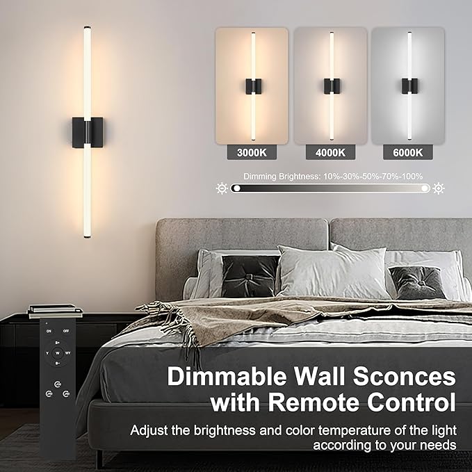 Battery Operated Wall Sconces Set of 2, Rechargeable Battery Wall Sconce with Remote, Dimmable 3 Color LED Wireless Wall Lights, 360° Full Lighting, Timer & Memory Function, 24" Black
