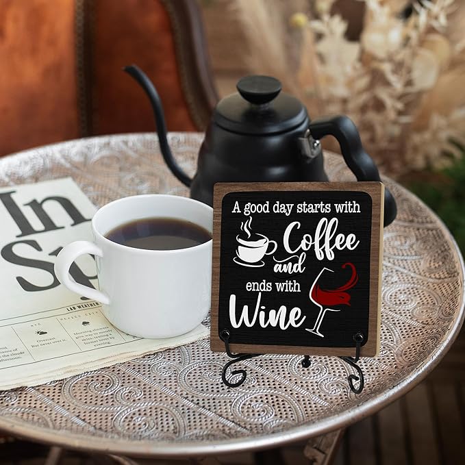 Coffee And Wine Desk Decor Sign, Rustic Wooden Sign With Stand, A Good Day Starts With Coffee And Ends With Wine Sign For Farmhouse Home Kitchen Bar Shelf Table, Gifts For Family Friend Coworker-06