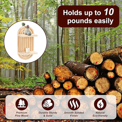Qivine 2Pcs Boho Shelves for Wall, 2 Tier Rainbow Arch Wooden Floating Shleves, Boho Mid Century Shelf with Arched Wood Design Wall Mounted for Living Room, Bedroom, Bathroom Decor (Beige, 2-Tier)