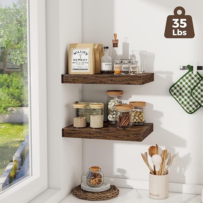 Fun Memories 12 Inch Deep Floating Shelves, 16 x 12 Wooden Wall Shelves, Extra Deeper & Thicker Rustic Wall Mounted Storage Shelf for Fireplace, Living Room, Kitchen, Farmhouse, Rustic Brown - 3Pack