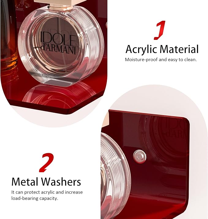 6 Inches Acrylic Small Wall Shelves, Red Floating Shelf for Wall Mounting, Acrylic Display Ledges for Funko Pop Figures, Home Décor, Living Room, Gaming Room, Plants, 2 Pack