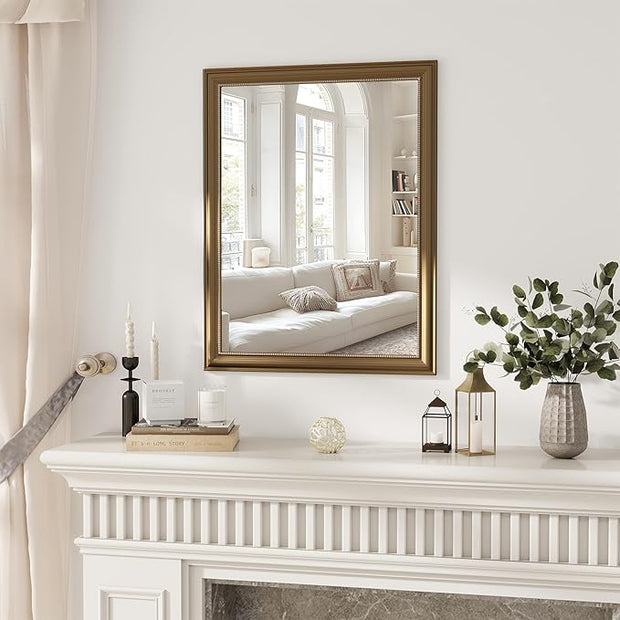 Axeman 28x36 Rectangular Wall Mirror, Decorative Bathroom Mirror, Traditional Vintage Wall Mounted Mirror with Beaded Frame for Accent Living Room Vanity Bedroom Entryway, Gold
