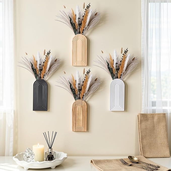 DREAMLOOM 2 Pack Wooden Wall Vases with Dried Pampas Grass and Eucalyptus Plants, Wall Hanging Planters Boho Modern Farmhouse Indoor for Narrow Spaces Entryway Bathroom Home Office Decoration, Retro