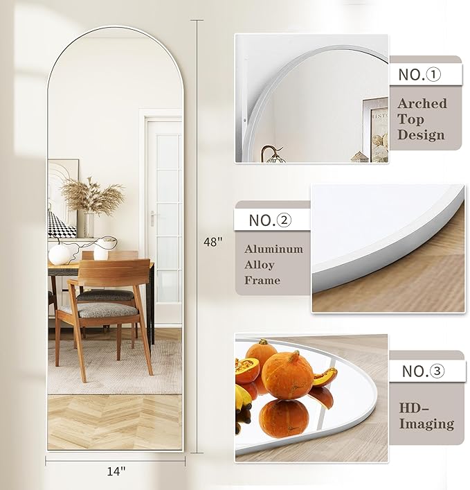 Arched Full Length Door Mirror 14x48, Metal Frame with Protective Film, No-Drilling Hanging or Wall Mount, Hooks & Hardware Included, Full Body Mirror for Bedroom, Dorm, White