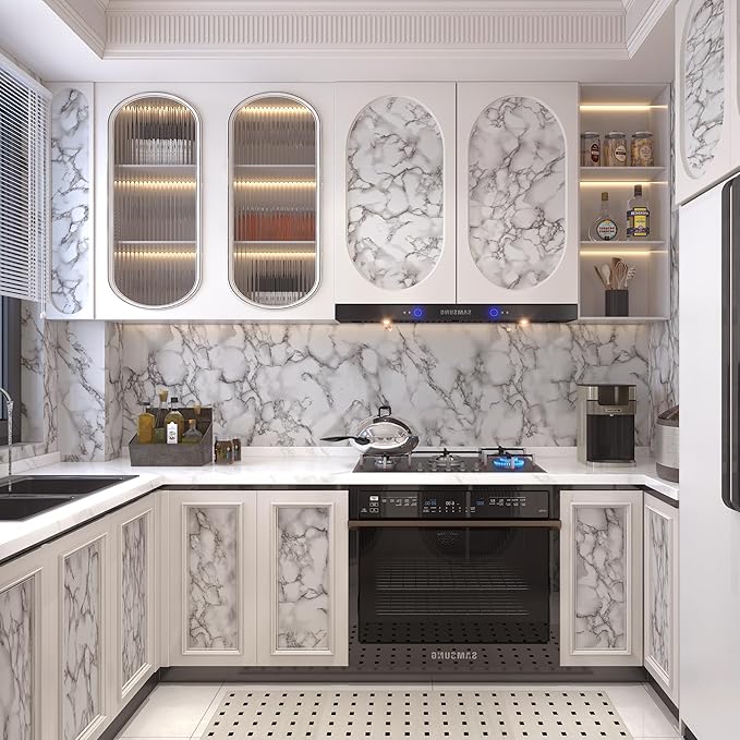 JSEVEM 31"×157" Extra Wide Thick White Grey Marble Wallpaper Peel and Stick Glossy Textured Cream Gray Granite Contact Paper Vinyl DIY Waterproof Wall Tile Sticker for Kitchen Bedroom Bathroom Walls