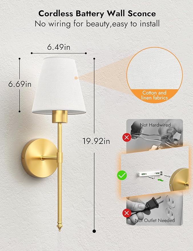 VOLISUN Battery Operated Wall Sconces Set of Two, Wireless Wall Sconces with Remote and Dimmable Bulbs, 9 Colors Battery Powered Wall Lights, Gold Rechargeable Wall Lamps for Bedroom (19.7 inch)
