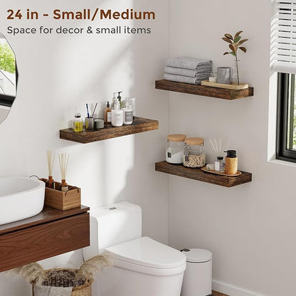 Heimlove 36 Inch Floating Shelves for Wall 8 Inch Deep Rustic Brown Shelves Set of 2,Wall Mounted Rustic Wood Long Floating Shelf with Invisible Brackets for Bedroom Kitchen Living Room