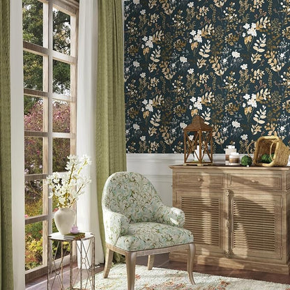 Navy Floral Wallpaper Peel and Stick Boho Wallpaper Vintage Blue/Gold Leaf Contact Paper Waterproof Self Adhesive Modern Wall Paper for Cabinet Walls Kitchen 17.5in x393in