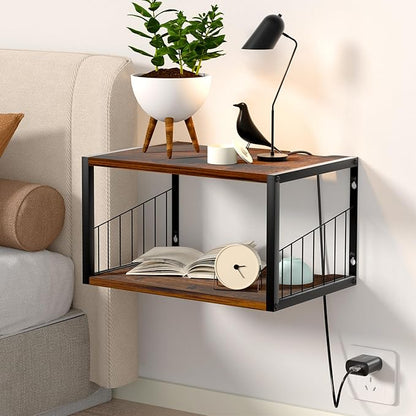 Floating Nightstand, Wood Floating Bedside Table with Cable Hole, Wall Mounted Nightstand for Bedroom, Living Room, Bathroom, Kitchen (Rustic Brown)