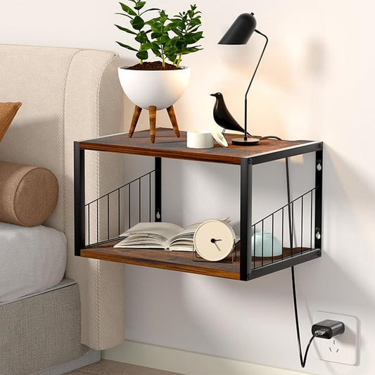 Floating Nightstand, Wood Floating Bedside Table with Cable Hole, Wall Mounted Nightstand for Bedroom, Living Room, Bathroom, Kitchen (Rustic Brown)