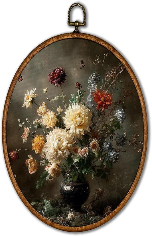 KSDUT Retro Flower Wall Art Decor - Botanical Neutral Mid Century Modern Wall Art Canvas Frame Hanging Prints, Vintage Dark Academia Oval Artwork Decor for Home Gallery Decorations 8.6"x11.4"