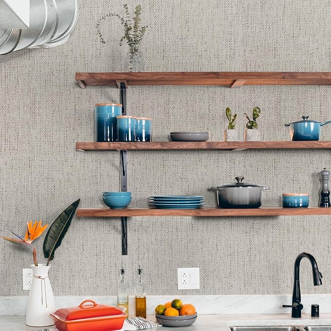 WADILE Grasscloth Peel and Stick Wallpaper 15.7in x 393.7in, Textured Contact Paper for Cabinets, Faux Linen Wall Paper Pull and Stick, Fabric Vinyl Wallpaper Self Adhesive Gray Yellow