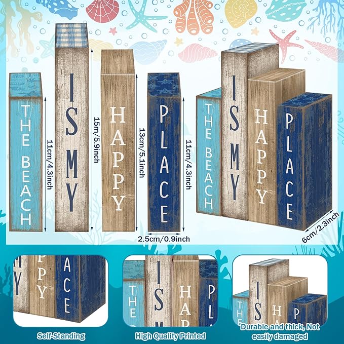 4 Pcs Summer Table Decoration Wooden Book Coastal Beach Decoration Blue and White Summer Tiered Tray Decor Wood Book Signs Farmhouse for Ocean Party Home Shelf Coffee Table