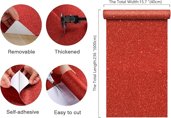 CHIHUT 15.7''x236'' Shiny Red Glitter Wallpaper Stick and Peel for Bedroom Walls Self Adhesive Removable Fabric Glitter Contact Paper for Drawers Decorative Glitter Wall Paper Roll for Gift Dresser