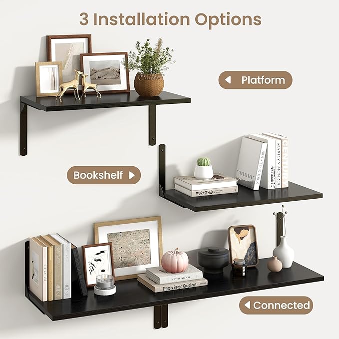 Fun Memories Floating Shelves for Wall, 12 Inch Deep Floating Shelves Set of 2, Wall Mounted Shelf with Metal Brackets, Rustic Wood Wide Shelf for Bathroom, Kitchen and Living Room, Black, 24W x 12D