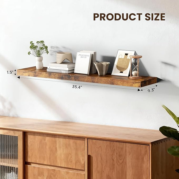 Merapi Set of 3 Floating Shelves 36 Inch Wall Mounted Solid Wood Shelves for Bathroom Kitchen Living Room Bedroom & Office - Brown Natural Wood Texture Easy Installation