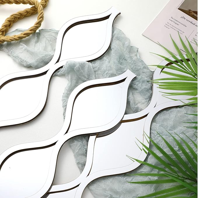 Yulejo 6 Pcs Acrylic Teardrop Mirror Decor Narrow Wall Decor Boho Vintage Wall Art for Apartment Home Living Room Bathroom Bedroom Hallway (Silver Edge)