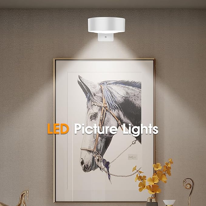 Picture Lights for Wall, 3 Lighting Modes Magnetic Art Display Light,Battery Operated Led Painting Light with Remote Control Dimmable & Timer,6Pack White