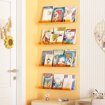 upsimples Acrylic Shelves for Wall Decor, 15" Display Shelf Perfume Organizer for Bathroom, Bedroom, Living Room, Floating Bookshelves for Kids, Clear Orange, 4 Pack