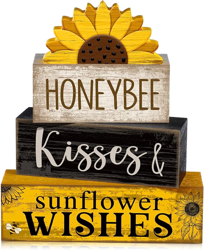 4 Pcs Summer Table Decor Wooden Sunflower Tiered Tray Decor Rustic Farmhouse Yellow Block Signs Gifts Summer Tabletop Centerpieces for Home Kitchen Coffee Bar Decorations