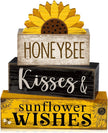 4 Pcs Summer Table Decor Wooden Sunflower Tiered Tray Decor Rustic Farmhouse Yellow Block Signs Gifts Summer Tabletop Centerpieces for Home Kitchen Coffee Bar Decorations