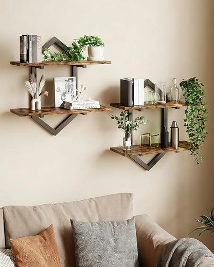 Floating Shelves, Set of 2 Wall Shelf, Wall Mounted Decorative Shelves, 2-Tier Modern Geometric Hanging Storage Shelf for Living Room, Bedroom, Kitchen, Office, Study (Rustic Brown + Black)