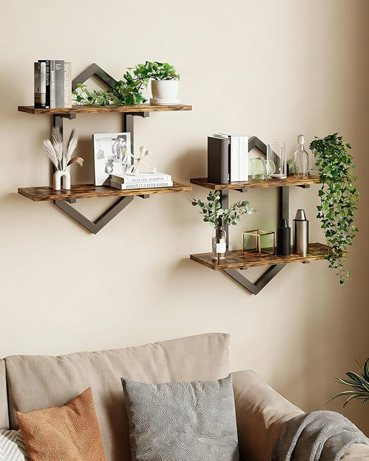 Floating Shelves, Set of 2 Wall Shelf, Wall Mounted Decorative Shelves, 2-Tier Modern Geometric Hanging Storage Shelf for Living Room, Bedroom, Kitchen, Office, Study (Rustic Brown + Black)