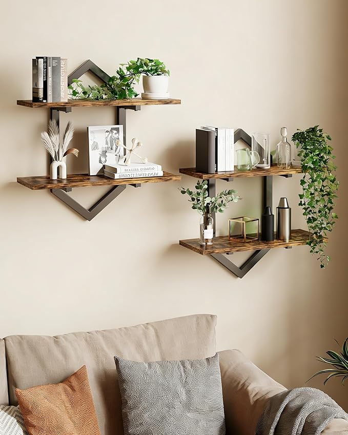 Floating Shelves, Set of 2 Wall Shelf, Wall Mounted Decorative Shelves, 2-Tier Modern Geometric Hanging Storage Shelf for Living Room, Bedroom, Kitchen, Office, Study (Rustic Brown + Black)