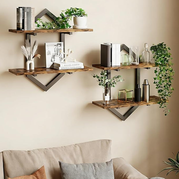 Floating Shelves, Set of 2 Wall Shelf, Wall Mounted Decorative Shelves, 2-Tier Modern Geometric Hanging Storage Shelf for Living Room, Bedroom, Kitchen, Office, Study (Rustic Brown + Black)