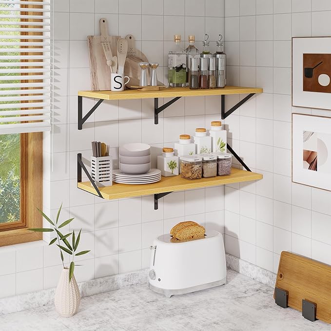 Floating Shelf for Wall,32" WX10 D Wood Floating Shelves with Sturdy Metal Bracket Set of 2,Wall Mounted Hanging Shelf for Bathroom,Bedroom,Kitchen,Oak